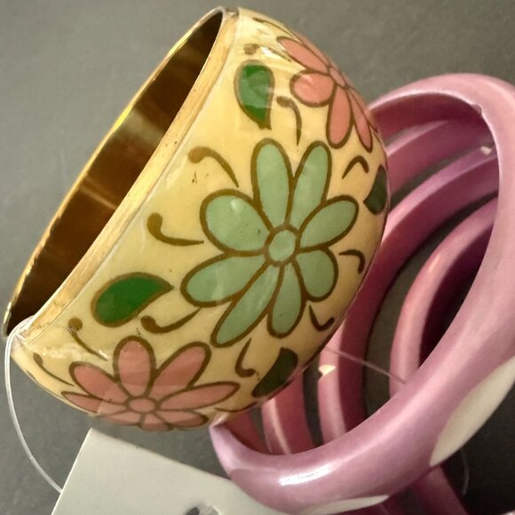 NWT Fantasia India Floral Yellow Purple Bangles Hand Painted Carved Set of 5 - Picture 8 of 10